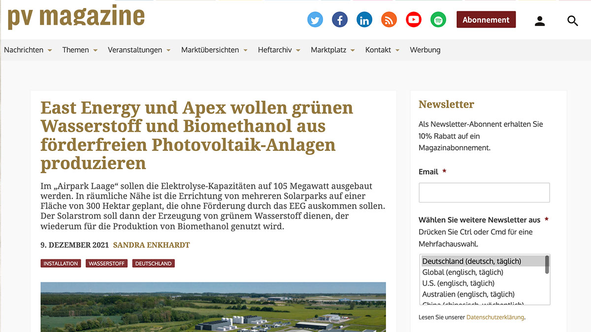 PV Magazine - East Energy und Apex wollen grünen Wasserstoff und Biomethanol aus förderfreien Photovoltaik-Anlagen produzieren Artikel